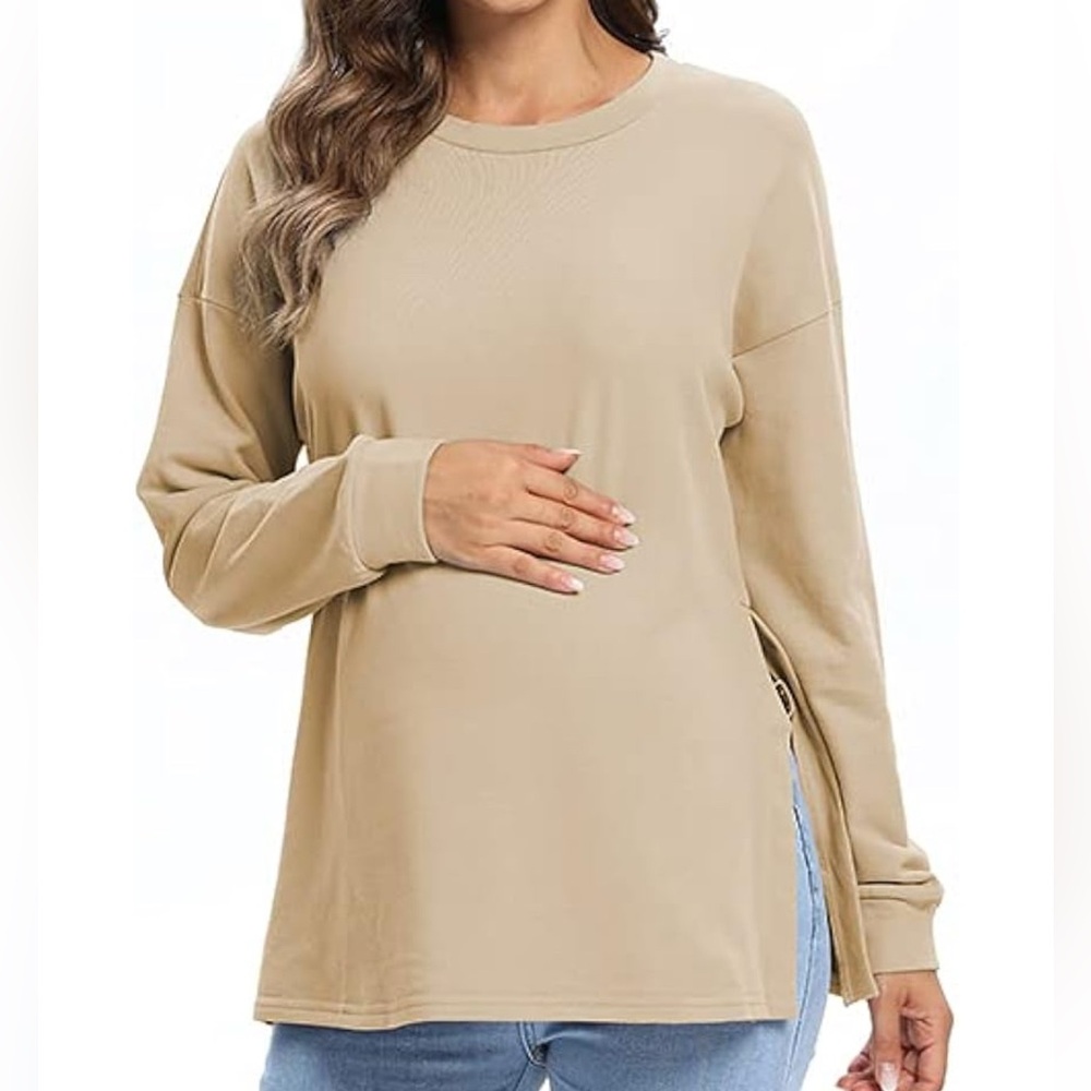 Women's Maternity Crew Neck Long Sleeves Pullover Sweatshirt  XL, Beige